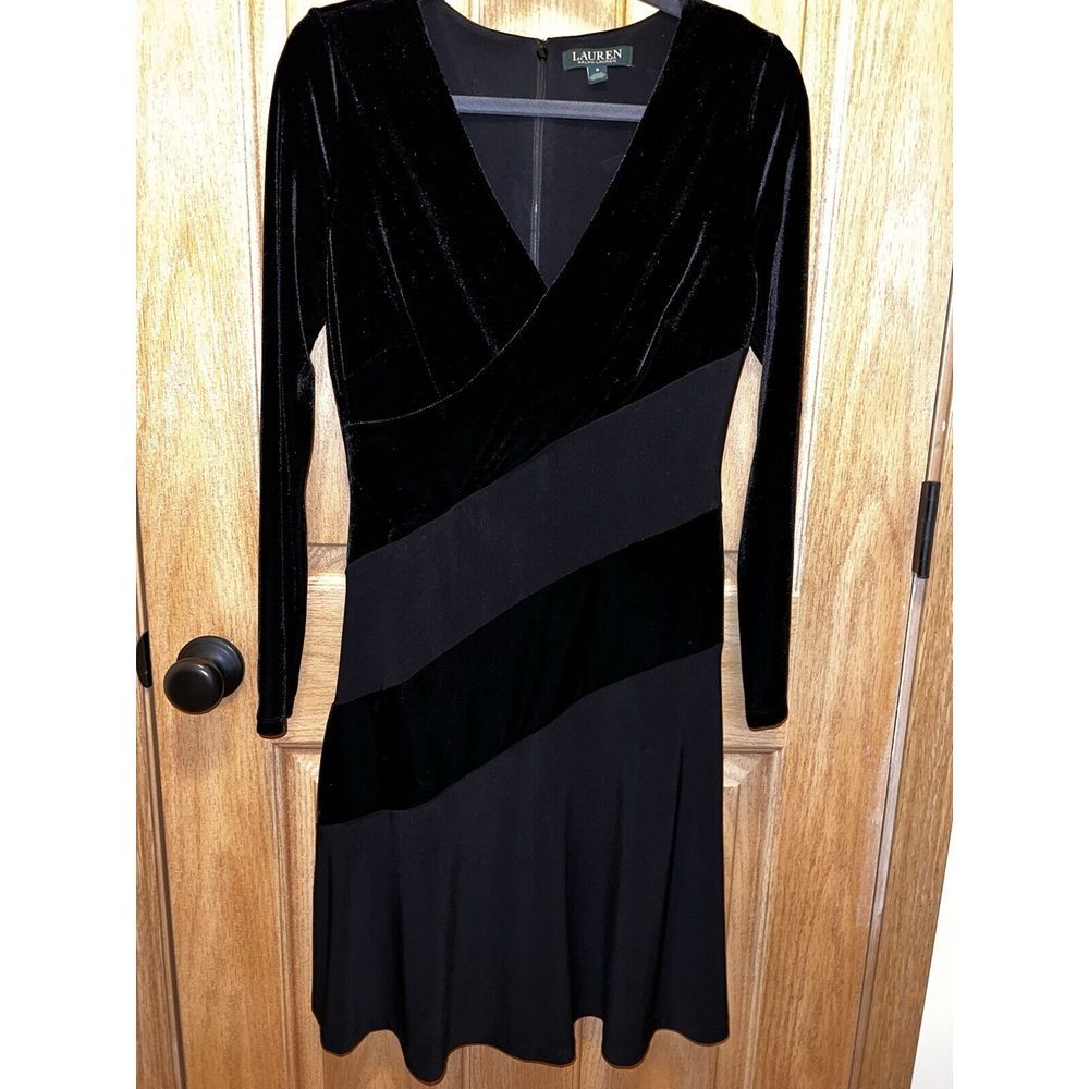 Lauren Ralph Lauren‎ Womens Elvarina Black Velvet Party Dress 6 Color Block